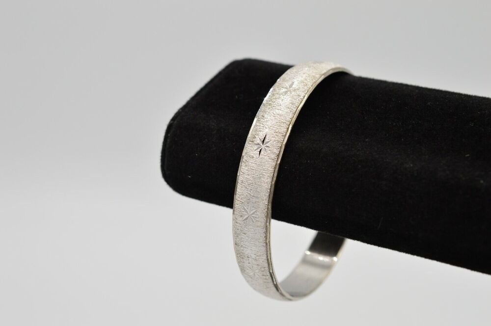 Monet Vintage Bangle Bracelet Stars Textured Silver Ornate Shiny Signed BinO